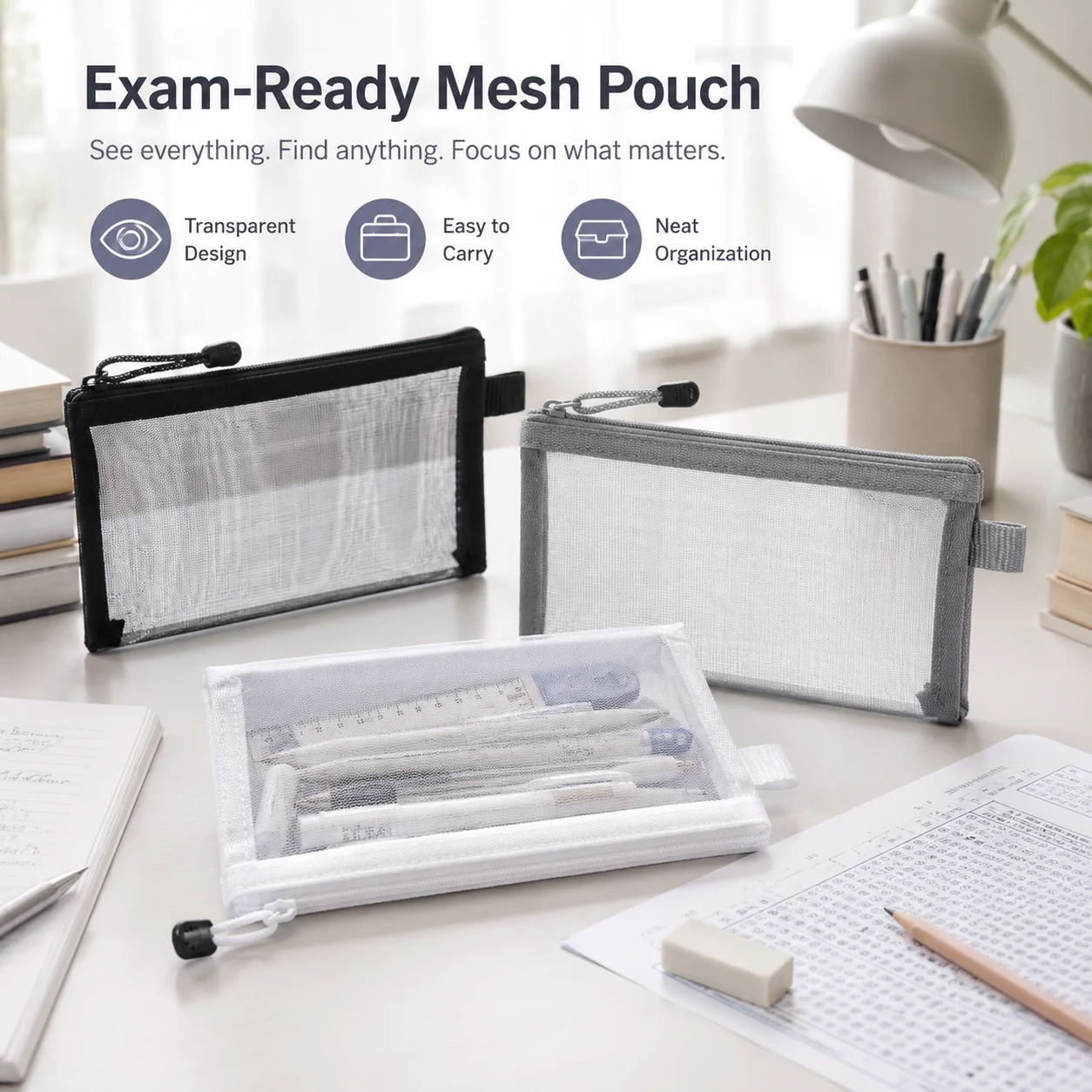 Clear Mesh Pencil Pouch For Exam - Şeffaf Örgü Kalem Çantası Sınav Kullanımı